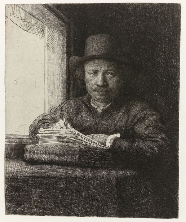 Self-portrait of Rembrandt etching by a window, Rembrandt Harmensz. van Rijn, 1648